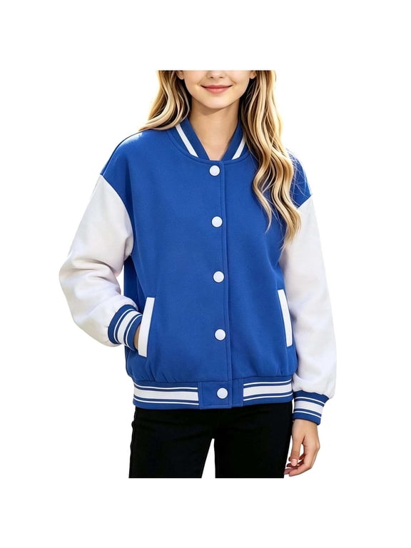 Kids Varsity Baseball Bomber Jacket Boys Girls Long Sleeve Button down Jackets Unisex School Uniform Jackets Size 1-15