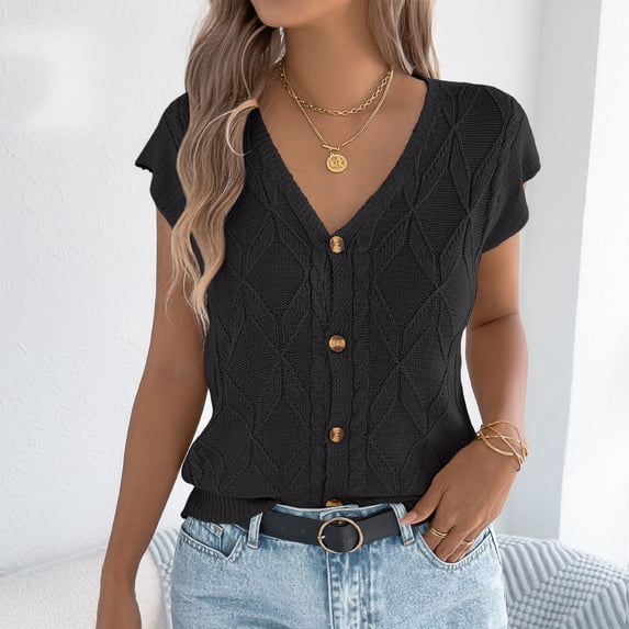 Lutiedan Knited Tops for Women V Neck Ruffle Short Sleeve Basic Work Button Down Shirt Loose Fit Texture Fashion Summer Tops for Going Out