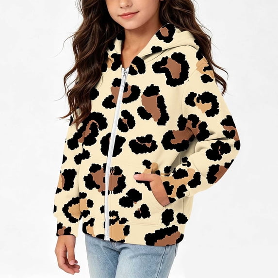 Lutiedan Leopard Zip up Hoodie for Girls Oversized Fleece Lined Warm Outerwear Lightweight Fall Winter Sweatshirt Size 4-12,Beige