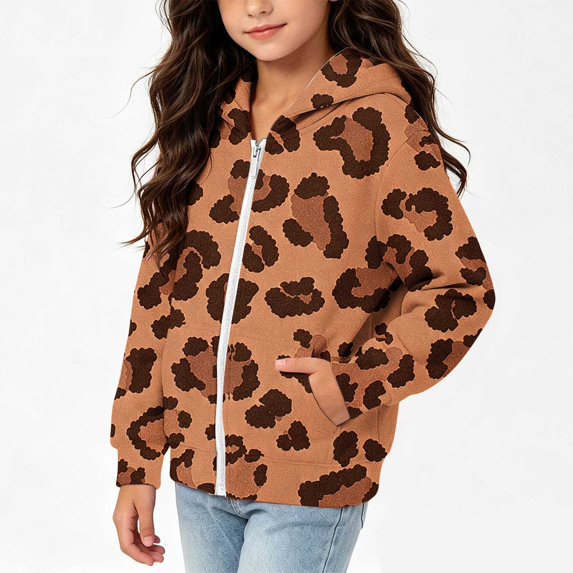 Lutiedan Leopard Zip up Hoodie for Girls Oversized Fleece Lined Warm Outerwear Lightweight Fall Winter Sweatshirt Size 4-12,Brown