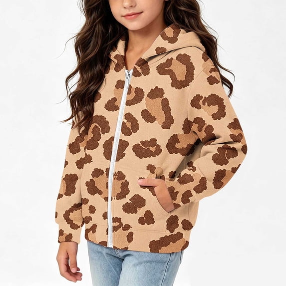 Lutiedan Leopard Zip up Hoodie for Girls Oversized Fleece Lined Warm Outerwear Lightweight Fall Winter Sweatshirt Size 4-12,Coffee