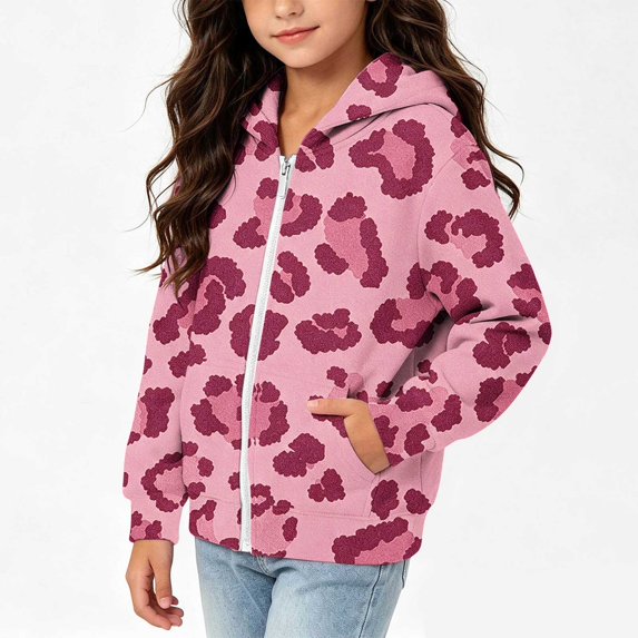 Lutiedan Leopard Zip up Hoodie for Girls Oversized Fleece Lined Warm Outerwear Lightweight Fall Winter Sweatshirt Size 4-12,Hot Pink