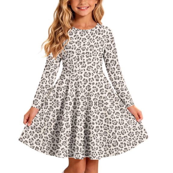 Lutiedan Long Sleeve Leopard Print Dress for Girls Crew Neck A Line Skater Dress Fall Casual Trendy Dress Size 4-14,Gray
