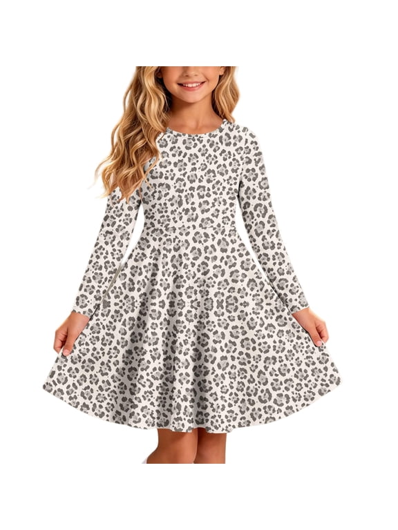 Long Sleeve Leopard Print Dress for Girls Crew Neck A Line Skater Dress Fall Casual Trendy Dress Size 4-14,Gray
