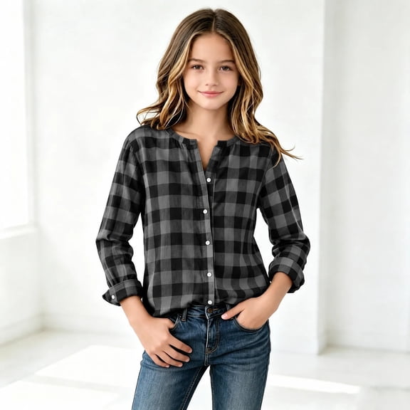 Lutiedan Long Sleeve Shirts for Girls Buffalo Plaid Button down Shirts V Neck Casual Fall Tunic Tops Size 6-16,Gray