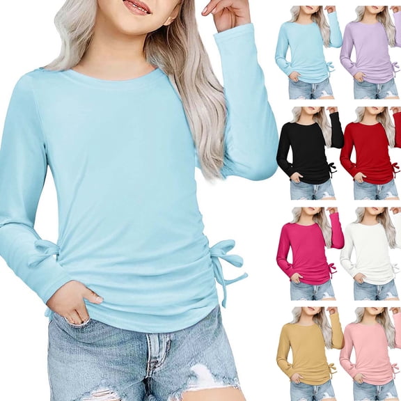 Lutiedan Long Sleeve Shirts for Girls Ruched Knot Side Crewneck Tops Casual Solid Color Tunic Blouse Size 3-14