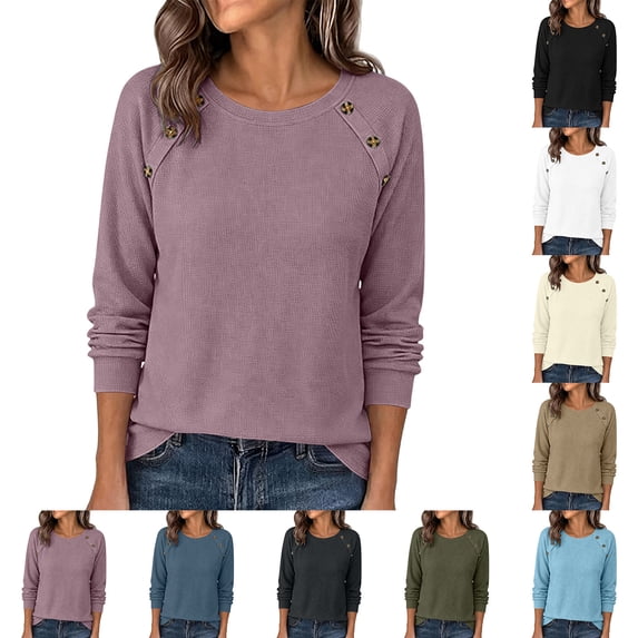 Lutiedan Long Sleeve Waffle Knit Shirts for Women Stretchy Crew Neck Raglan Shirts with Deco Buttons Casual Fall Work Tops,White