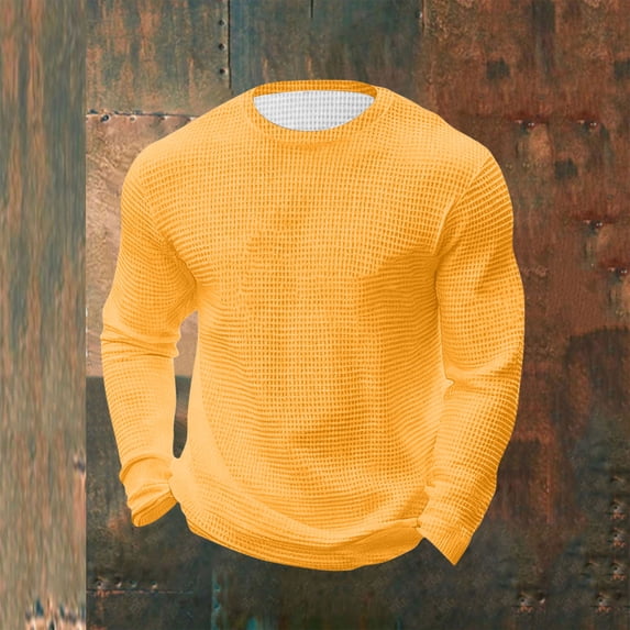 Lutiedan Men's Big and Tall Long Sleeve Shirts Waffle Crew Neck Pullover Tees Casual Baggy Workout Tops S-5XL,Yellow1