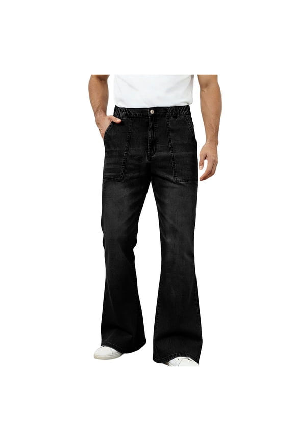 Men's Wide Leg Flare Jean Pants Elastic Waist Loose Button Denim Pants Casual Outdoor Office Work Pants with Pockets