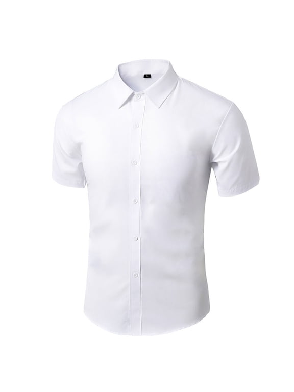 Mens Button Down Dress Shirt Short Sleeve Stretch Wrinkle-Free Solid Formal Shirt Collared Business Casual Work Shirts