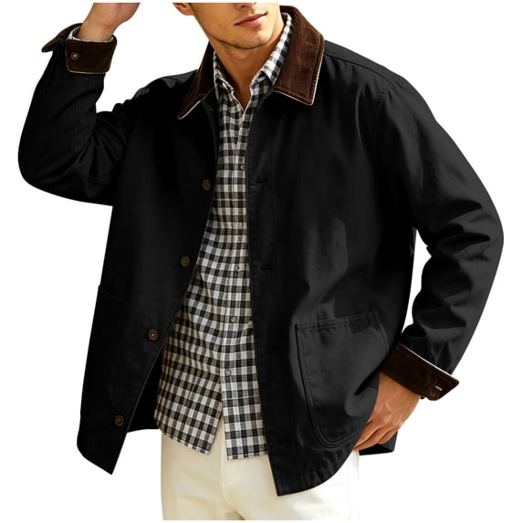 Lutiedan Mens Button down Jackets Fall Lightweight Vintage Barn Jacket Long Sleeve Corduroy Lapel Outwear with Pockets S-XXL