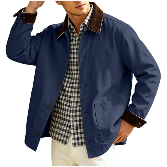 Lutiedan Mens Button down Jackets Fall Lightweight Vintage Barn Jacket Long Sleeve Corduroy Lapel Outwear with Pockets S-XXL