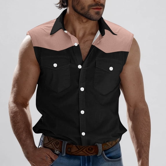 Lutiedan Mens Sleeveless Button Down Shirts Summer Casual Color Patchwork Tank Top Turndown Collar Cargo Shirt Vests with Pocket