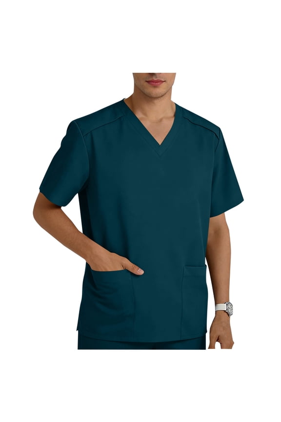 Mens Scrub Tops Short Sleeve V Neck Working Uniforms Shirts Casual Basic Loose Fit Pullover Summer Blouses with Double Pockets
