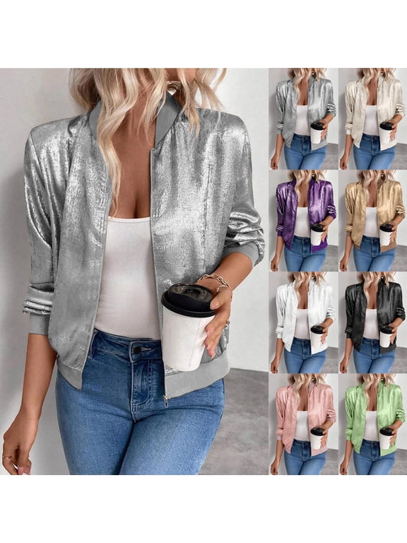 Metallic Bomber Jacket for Women Long Sleeve Zip Up Fashion Jacket Casual Fall Work Crop Outwear,Black,S
