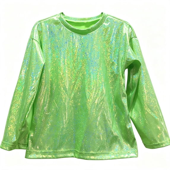 Lutiedan Metallic Sequin Tops for Girls Holographic Glitter Long Sleeve Dance Shirts Sparkle Crewneck Party Shirts Size 2-15