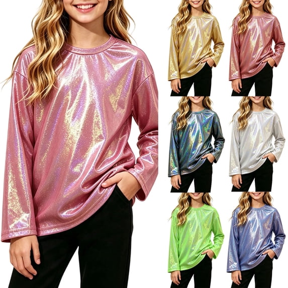 Lutiedan Metallic Sequin Tops for Girls Holographic Glitter Long Sleeve Dance Shirts Sparkle Crewneck Party Shirts Size 2-15