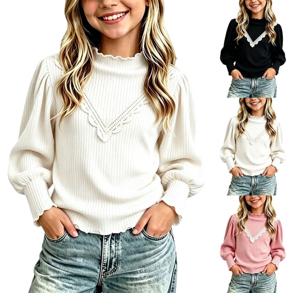 Lutiedan Mock Neck Shirts for Girls Puff Long Sleeve Ribbed Knit Tops Casual Somcked Cuffs Fall Blouses Size 1-10