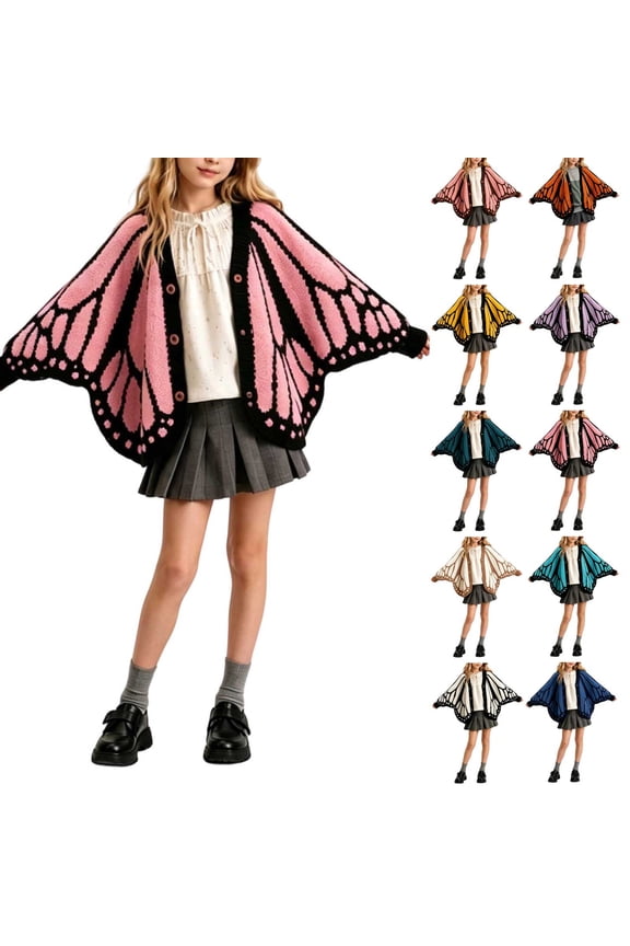 Monarch Butterfly Crochet Cardigan for Girls Button Open Front Butterflies Cardigan Cloak Shawl Irregular Knit Sweater