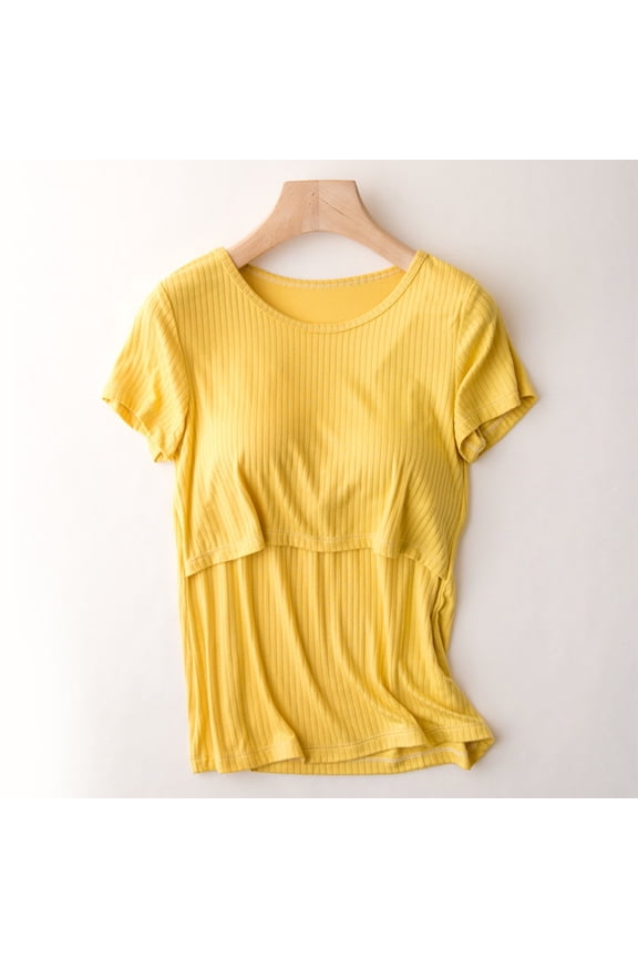 Nursing Shirts Short Sleeve Breastfeeding Tops Crewneck Postpartum Elastic Casual Clothes Double Layer Ribbed Knit Maternity Tee
