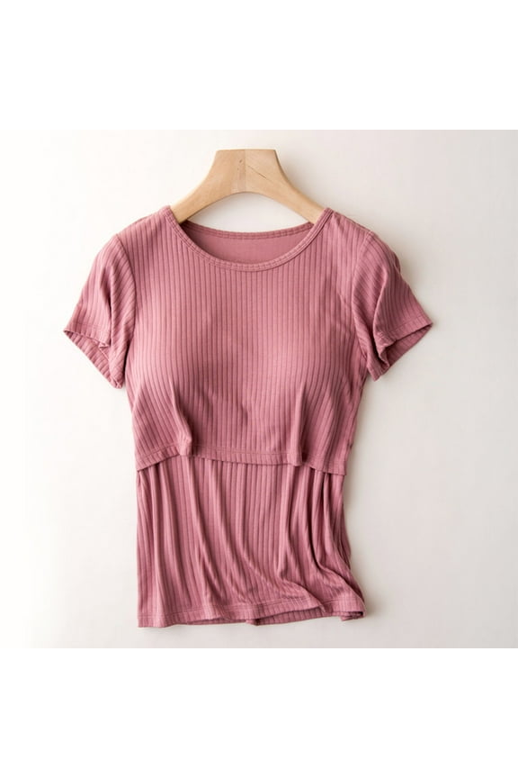 Nursing Shirts Short Sleeve Breastfeeding Tops Crewneck Postpartum Elastic Casual Clothes Double Layer Ribbed Knit Maternity Tee