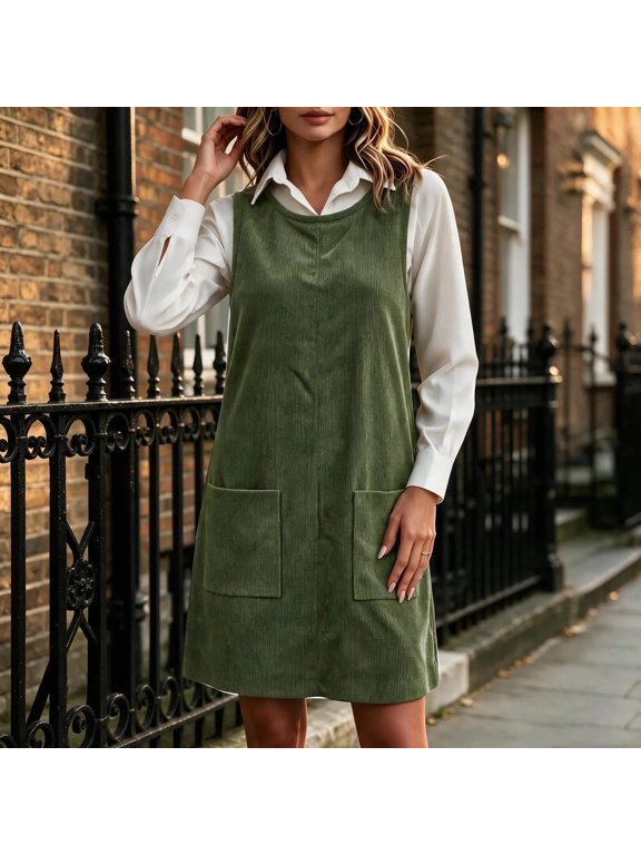 Overall Pinafore Dress for Women Sleeveless Crewneck Corduroy Dresses Fall Casual Mini Dress with Pocekts S-XXL,Army Green