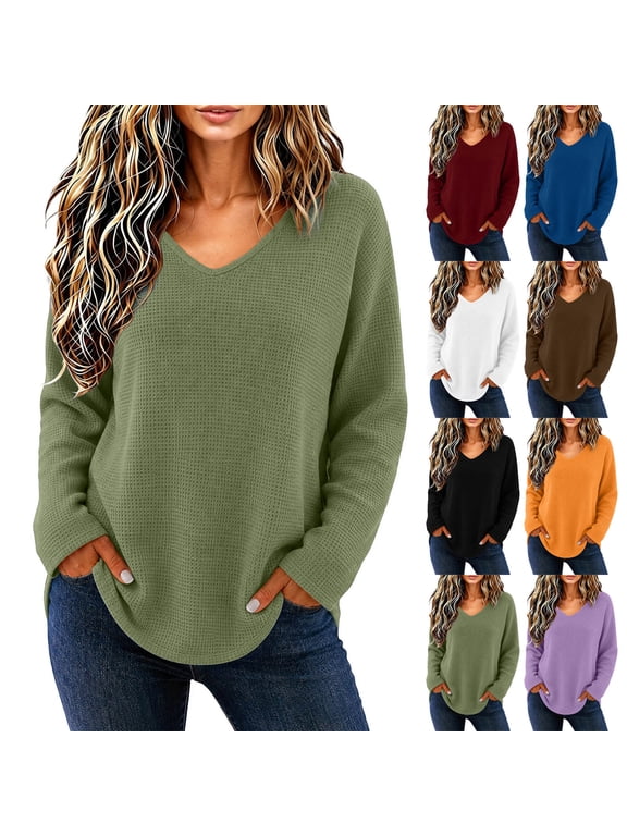 Oversized Waffle Knit Shirts for Women V Neck Long Sleeve Fall Tunic Tops Casual Fashion Curved Hem Blouse S-3XL