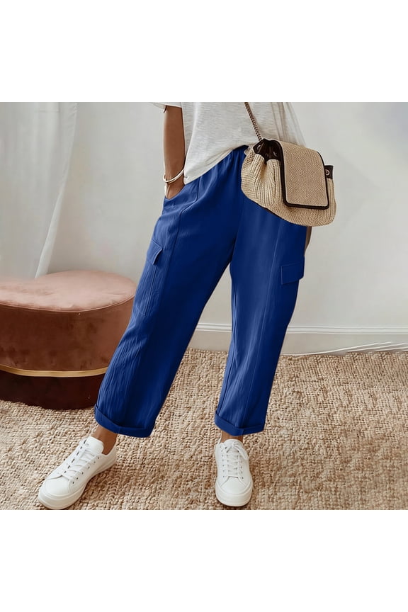 Pants for Women Elastic High Waisted Wide Leg Cargo Pants Baggy Casual Work Pants Summer Roll Up Lounge Trousers with 4 Pockets