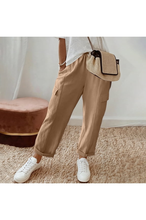 Pants for Women Elastic High Waisted Wide Leg Cargo Pants Baggy Casual Work Pants Summer Roll Up Lounge Trousers with 4 Pockets