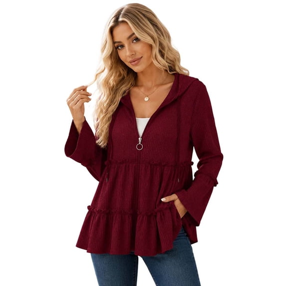 Lutiedan Peplum Cardigan for Women Zip Up Ruffle Tiered Ribbed Coat Casual Baggy Bell Long Hooded Tops with Pocket S-3XL