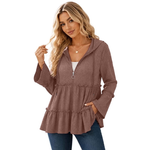 Lutiedan Peplum Cardigan for Women Zip Up Ruffle Tiered Ribbed Coat Casual Baggy Bell Long Hooded Tops with Pocket S-3XL