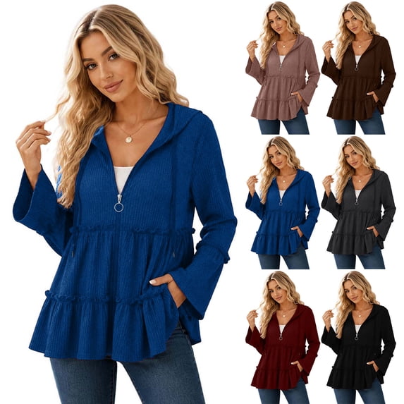 Lutiedan Peplum Cardigan for Women Zip Up Ruffle Tiered Ribbed Coat Casual Baggy Bell Long Hooded Tops with Pocket S-3XL