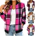 thumbnail image 1 of Lutiedan Plaid Bomber Jacket for Women Zip up Long Sleeve Cropped Jackets Fall Winter Casual Warm Outwear with Pocket S-XXL,Hot Pink, 1 of 8