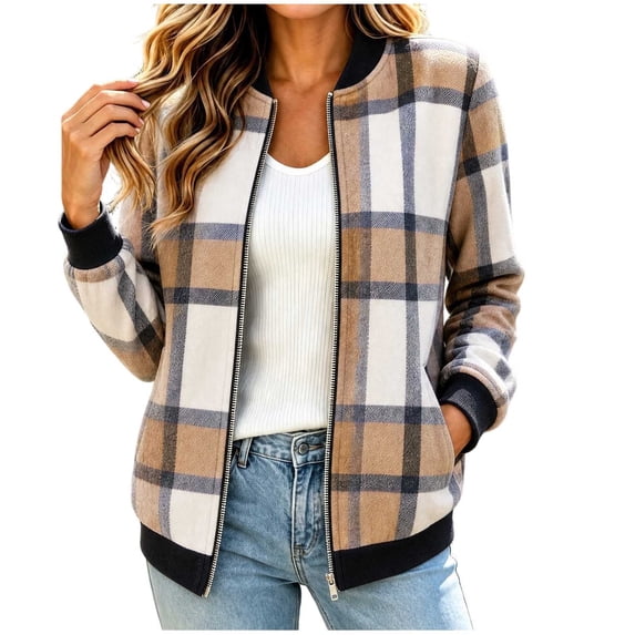 Lutiedan Plaid Bomber Jacket for Women Zip up Long Sleeve Cropped Jackets Fall Winter Casual Warm Outwear with Pocket S-XXL,Khaki