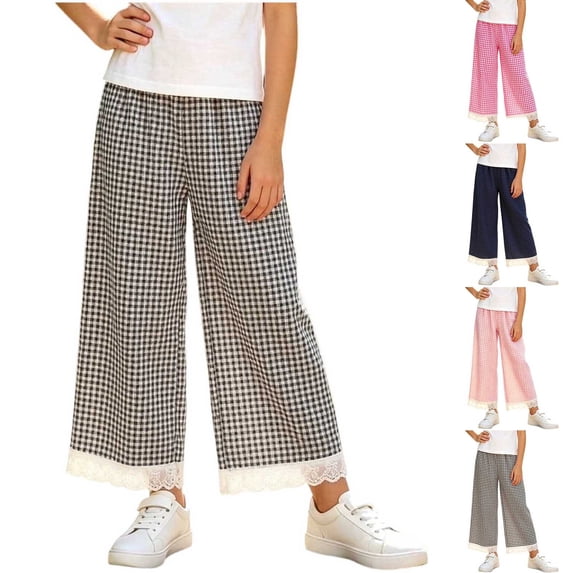 Lutiedan Plaid Pants for Girls Wide Leg Lace Hem Gingham Pants Elastic Waist Casual Baggy Trousers Size 1-13
