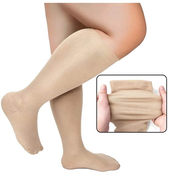 Lutiedan Plus Size Knee High Socks for Women, Seamless High Stretch Socks, Wide Calf Circumference 40-65cm Socks XXL-7XL,Beige