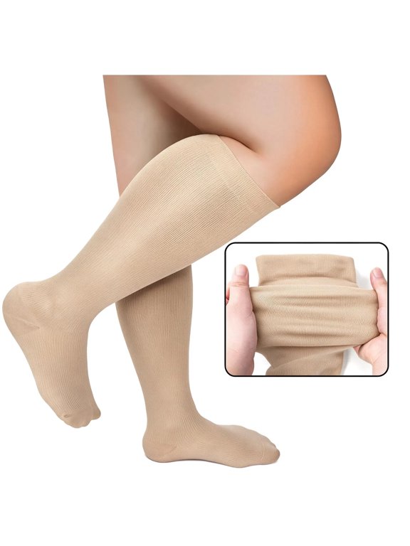 Plus Size Knee High Socks for Women, Seamless High Stretch Socks, Wide Calf Circumference 40-65cm Socks XXL-7XL,Beige