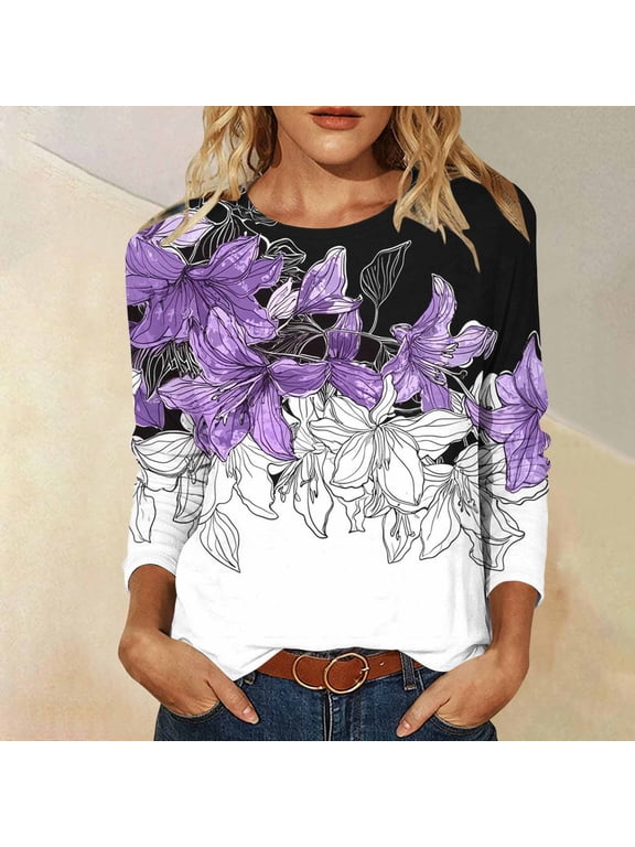 Plus Size Long Sleeve Blouses for Women Dressy Casual Crewneck Print Tunic Shirts Fall Baggy Basic Pullover Tops,M