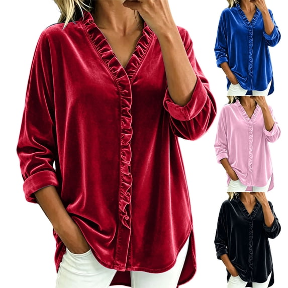 Lutiedan Plus Size Long Sleeve Shirts for Women Ruffle V Neck Work Blouses Dressy Casual Curved Hem Fall Tops S-5XL