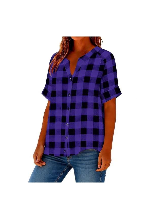 Plus Size Tops for Women Button V Neck Roll Up Short Sleeve Shirts Classic Fit Casual Flowy Bottom Checkered Summer Blouse