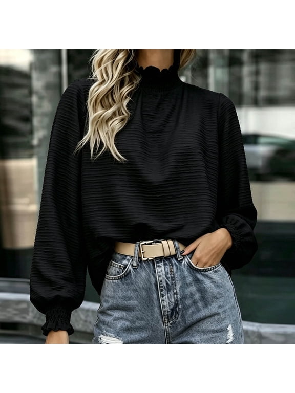 Puff Long Sleeve Tops for Women Ruffle Mock Neck Textured Shirts Casual Fall Smocked Cuff Blouse S-XL,Black