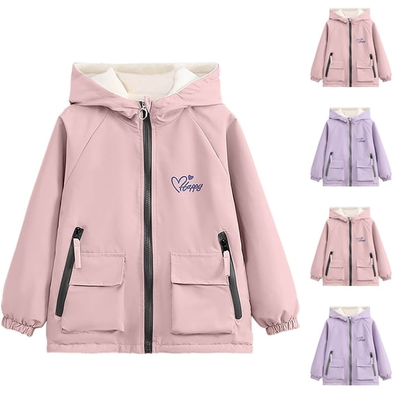Lutiedan Rain Jacket for Girls Fleece Lined Waterproof Windbreakers Zip Up Hooded Outerwear with Pocket Size 4-15,Purple