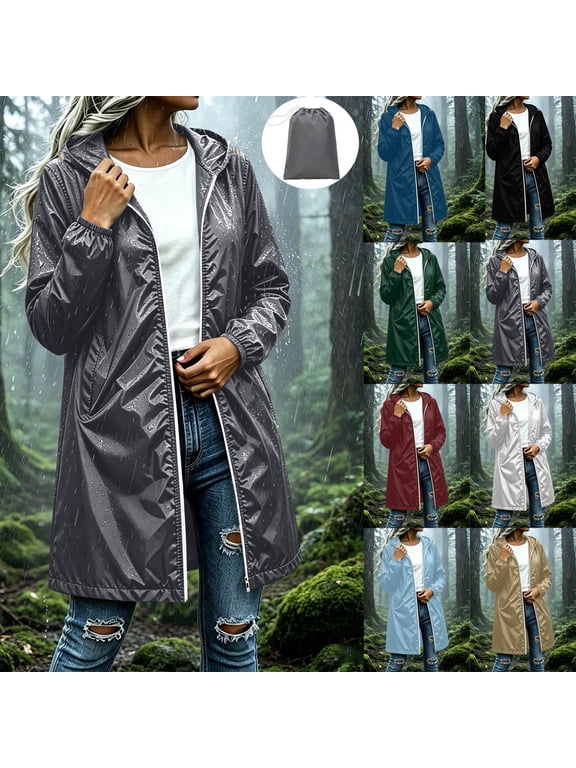 Rain Jacket for Women Waterproof Hooded Portable Raincoat Long Sleeve Zip Up Outdoor Lightweight Windbreaker,Army Green
