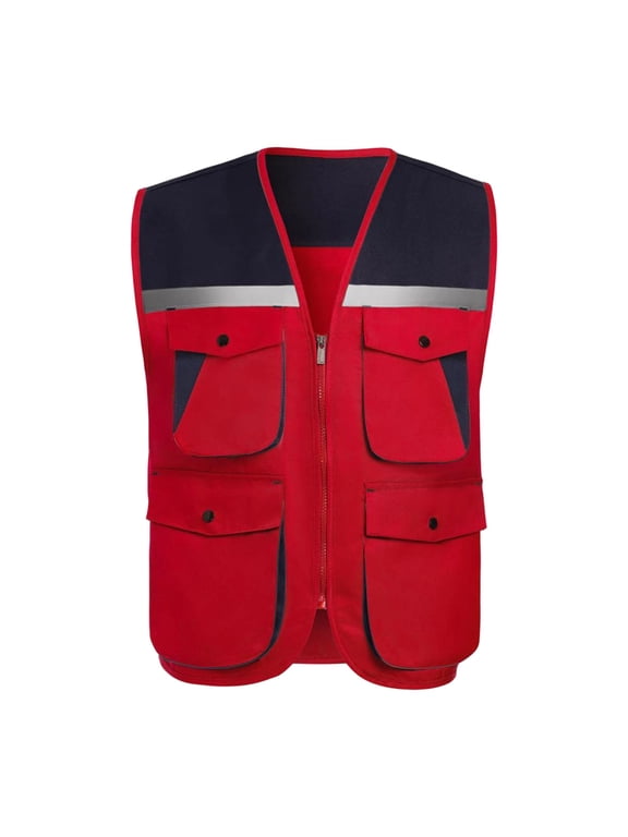 Safety Vest for Men Zip up Visibility Reflective Work Vest Multifunctional Outdoor Activities Cargo Vest L-4XL,Red