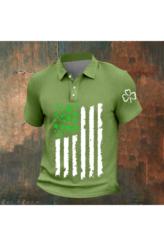 St Patricks Day Waffle Shirt for Men Short Sleeve Shamrock Irish Printed Henley Tops Casual Button Down Holiday Lapel Shirts