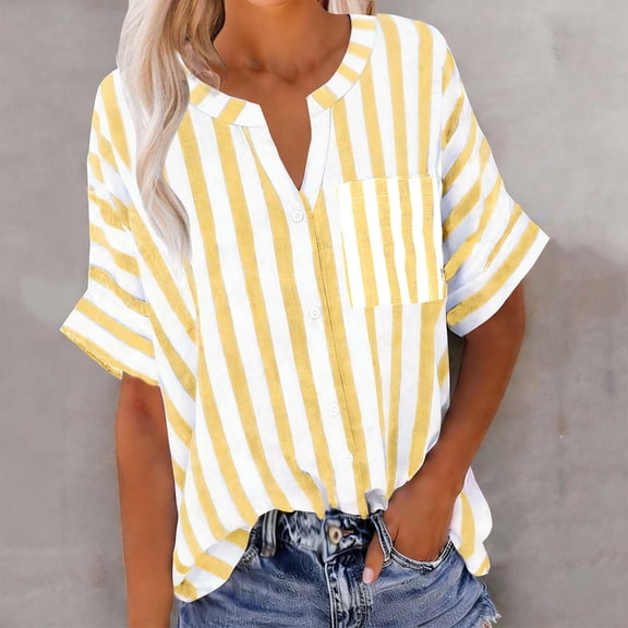Lutiedan Stripe Button Down Shirts for Women V Neck Casual Short Sleeve Blouse Business Dressy Work Tops Tunic Summer Spring Trendy Clothes with Chest Pocket