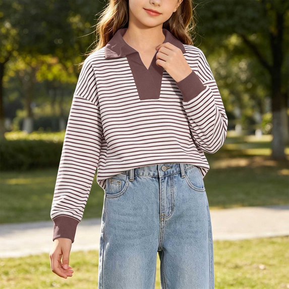 Lutiedan Striped Sweatshirt for Girls Fall Winter V Neck Pullover Tops Casual Long Sleeve Warm Sweatshirts Size 5-15,Brown