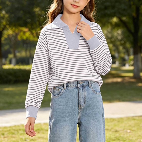 Lutiedan Striped Sweatshirt for Girls Fall Winter V Neck Pullover Tops Casual Long Sleeve Warm Sweatshirts Size 5-15,Gray