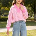 thumbnail image 1 of Lutiedan Striped Sweatshirt for Girls Fall Winter V Neck Pullover Tops Casual Long Sleeve Warm Sweatshirts Size 5-15,Pink, 1 of 6