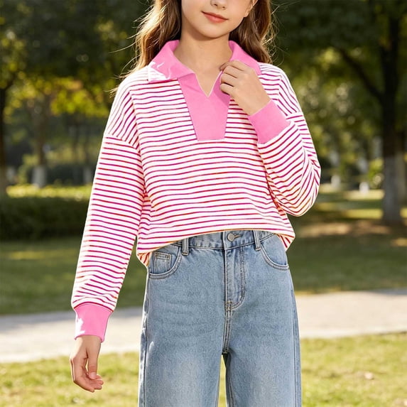 Lutiedan Striped Sweatshirt for Girls Fall Winter V Neck Pullover Tops Casual Long Sleeve Warm Sweatshirts Size 5-15,Pink